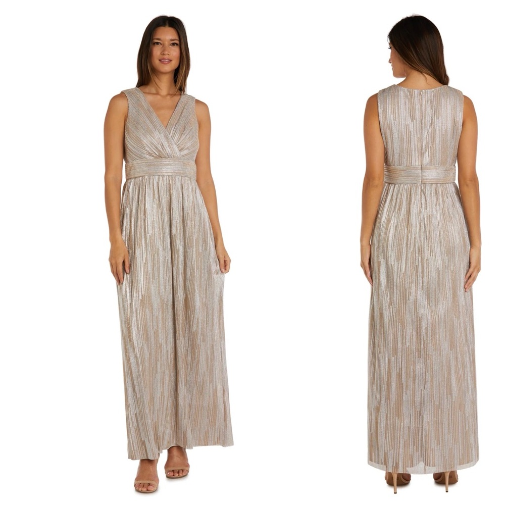 R&M Richards 2781 Long Mother of Bride Dress Gown Formal Sz 10 Champagne/Silver